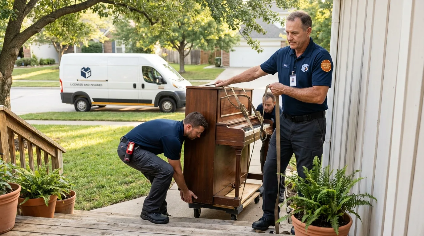 Licensed piano movers securing grand piano in Edison, NJ