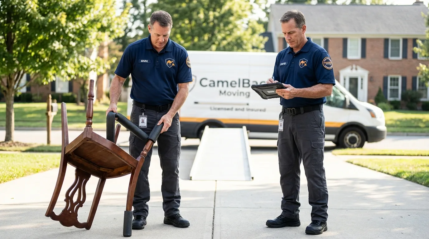 Movers inspecting furniture for damage prevention before loading in Edison, NJ